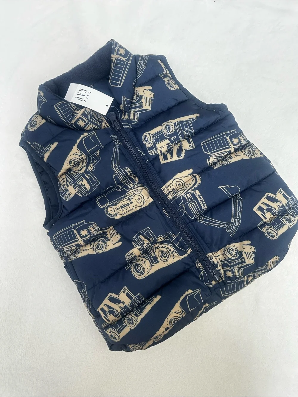 GAP Navy Puffer Vest with Tan Construction Print NWT 12-18 mo